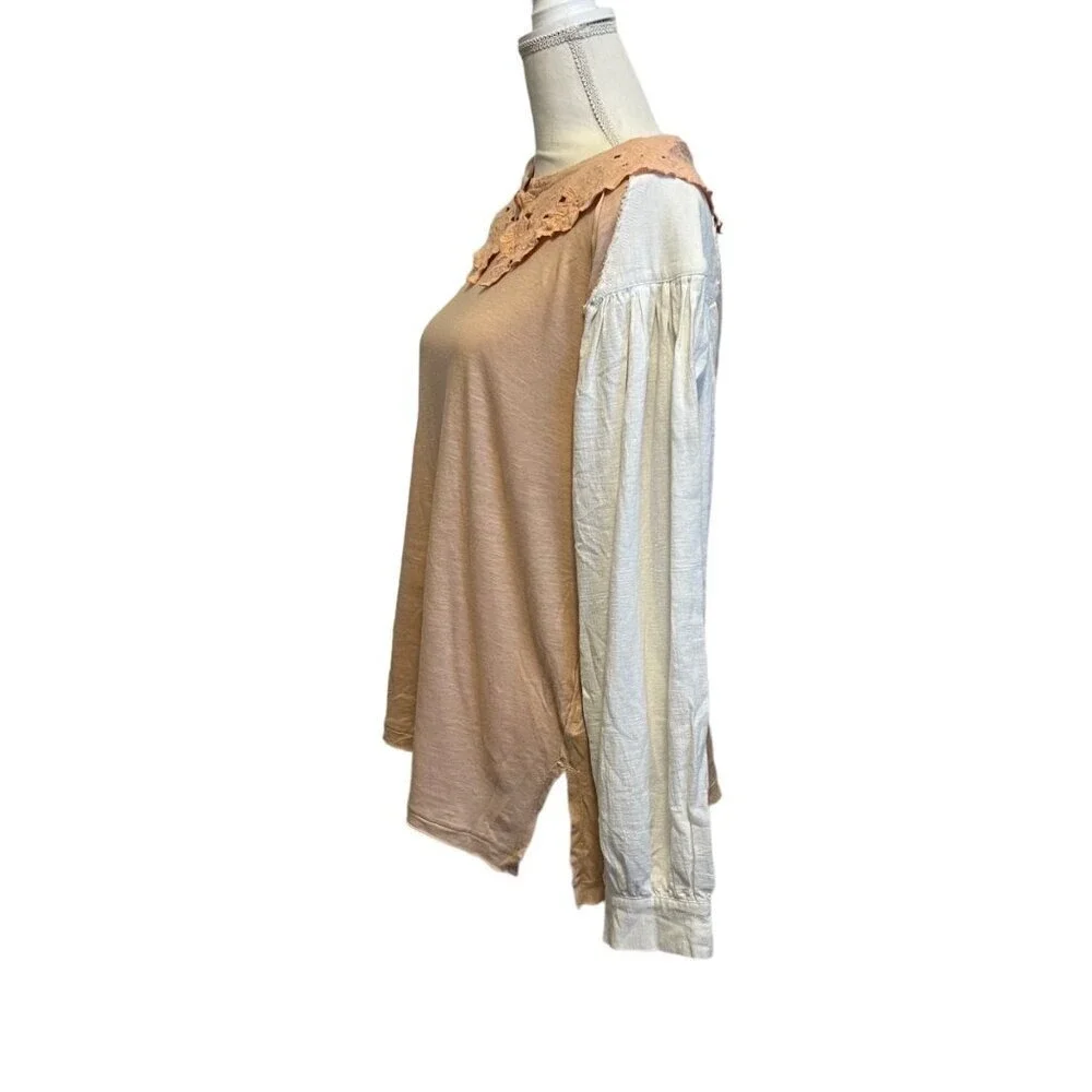 Free People Contrast Sleeve Lace Collar Tunic Top Pink White Cotton Blend Size M